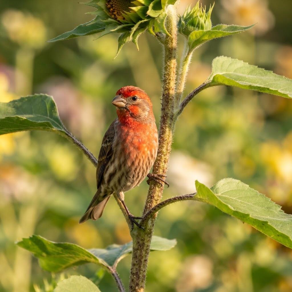 A male House Finch perched on a sunflower stalk in a garden