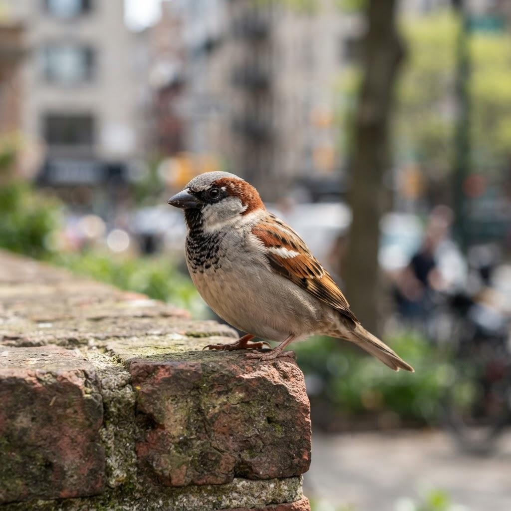 A male House Sparrow perched on a brick ledge in an urban garden