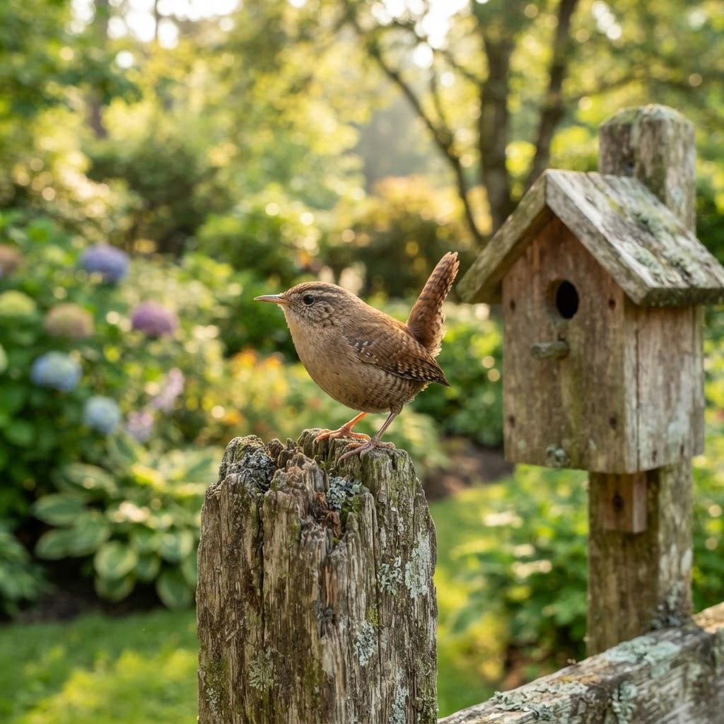 A House Wren perched on a garden fence near a birdhouse