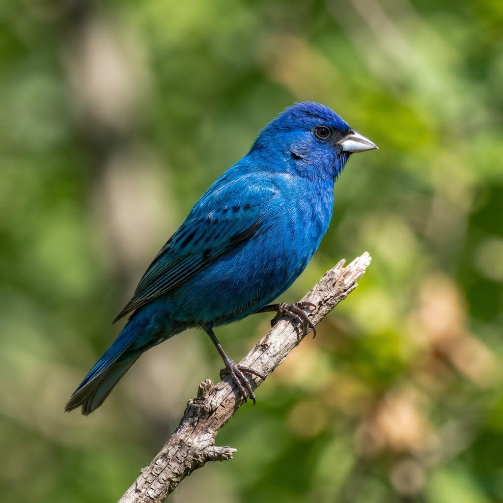 A male Indigo Bunting in vivid blue plumage on a sunlit twig