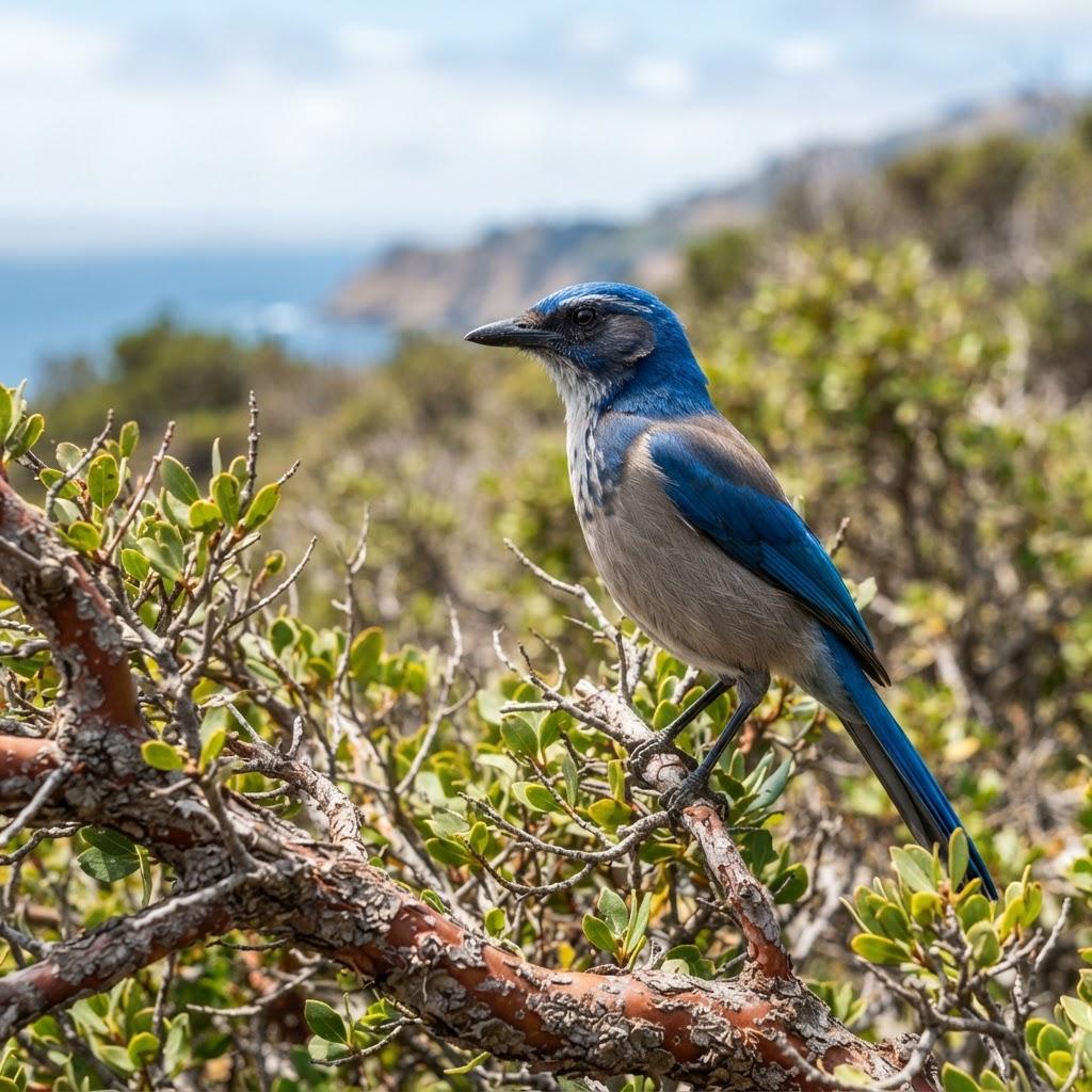 An Island Scrub-Jay perched on a manzanita branch on Santa Cruz Island