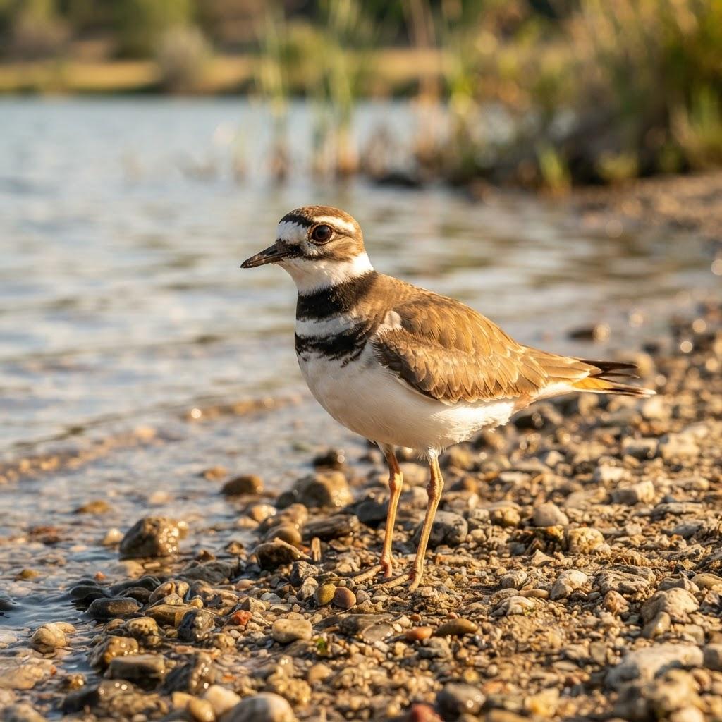 A Killdeer standing on a sunlit gravel shore