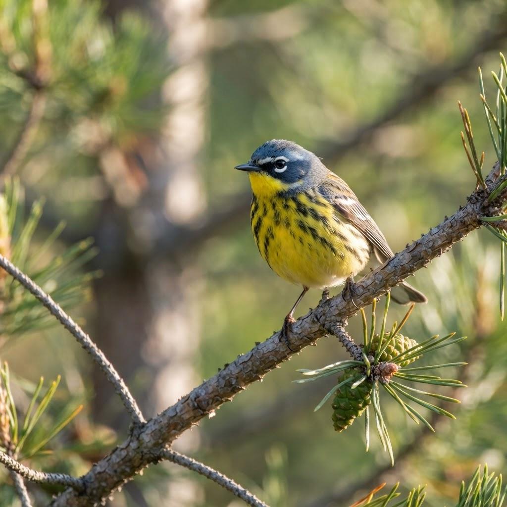 A male Kirtland's Warbler perched on a jack pine branch in Michigan