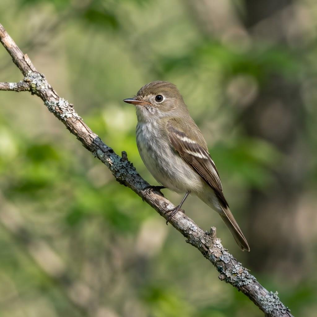 A Least Flycatcher perched upright on a bare twig