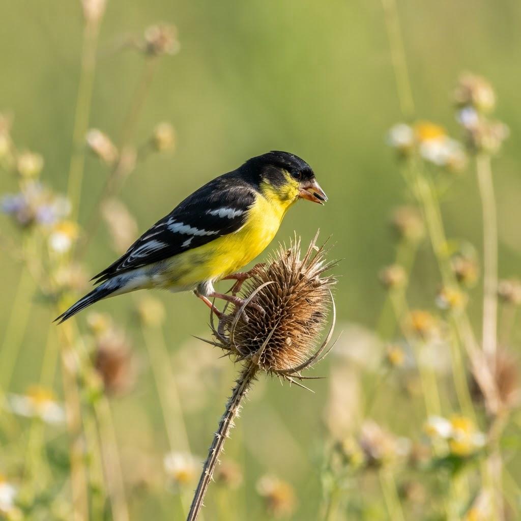A male Lesser Goldfinch with a black cap on a thistle seed head