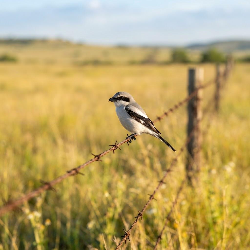 A Loggerhead Shrike perched on a barbed wire fence