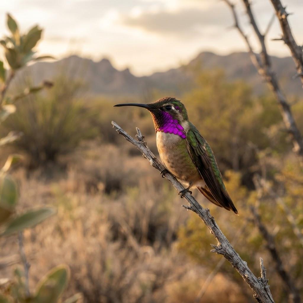 A male Lucifer Hummingbird perched on a bare twig in desert scrub