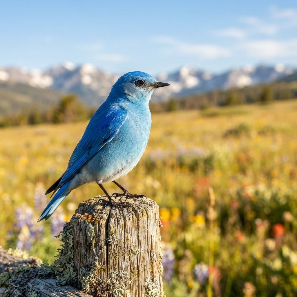 A male Mountain Bluebird in brilliant sky-blue on a fencepost