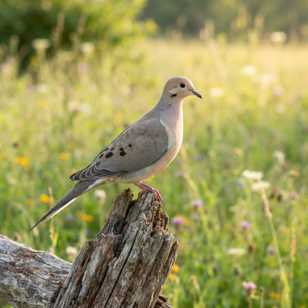 A Mourning Dove perched on a weathered fence post in a meadow