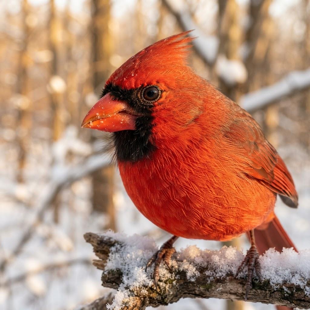 Male Northern Cardinal perched on a snow-dusted twig in golden hour light