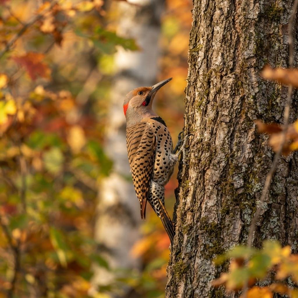 A Northern Flicker clinging to a tree trunk in autumn