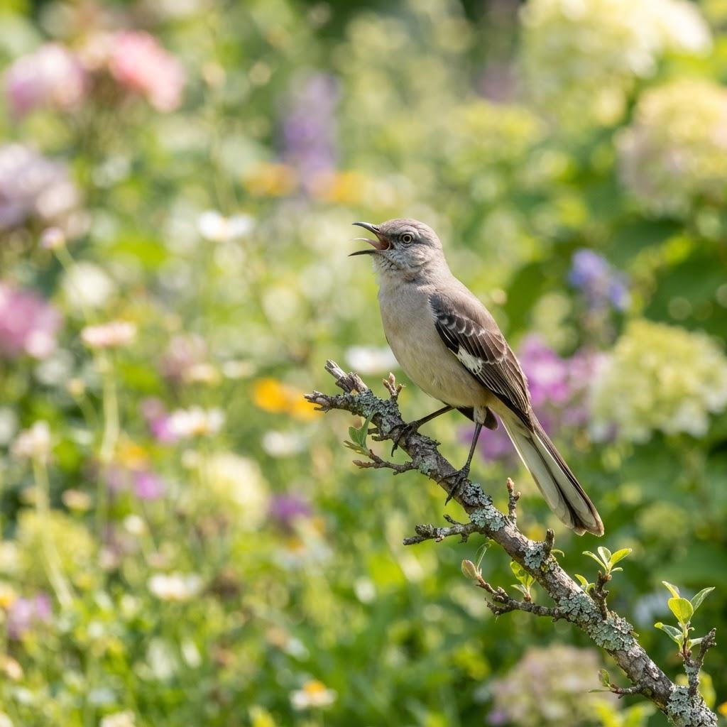 A Northern Mockingbird singing on a branch in a blooming garden