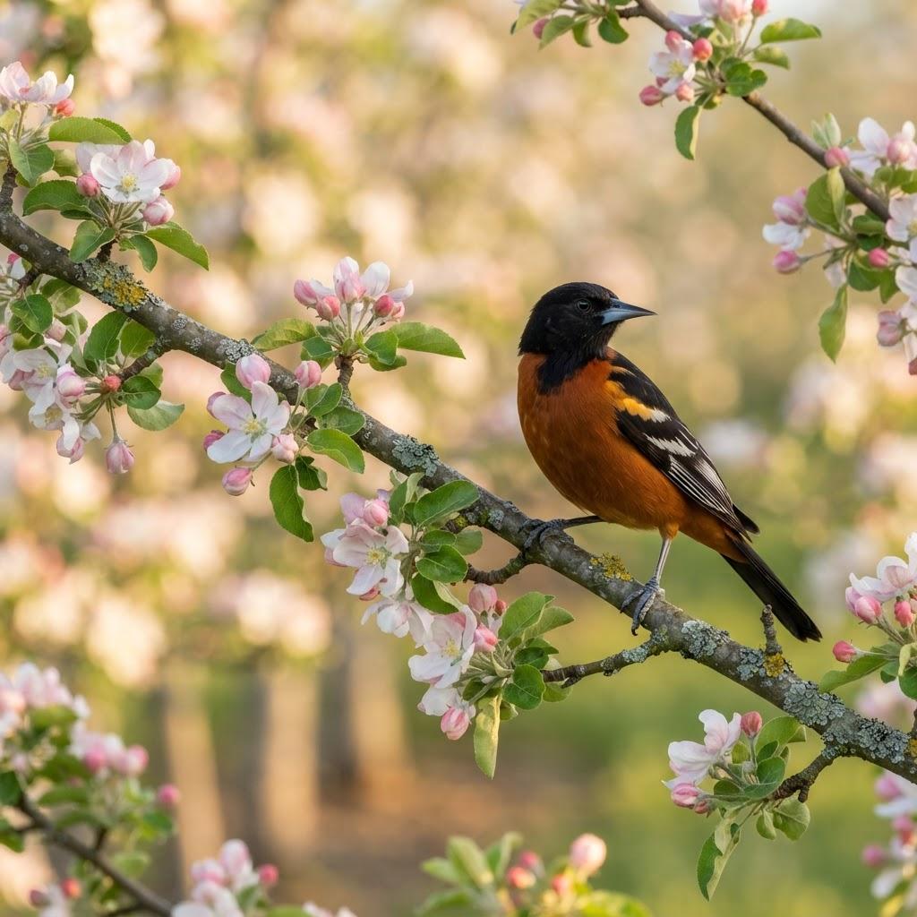 A male Orchard Oriole perched on a blossoming apple branch
