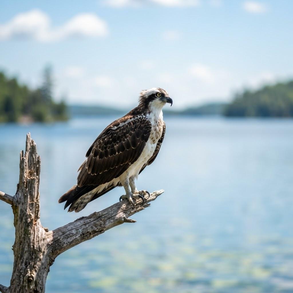 An Osprey perched on a dead tree branch overlooking a lake