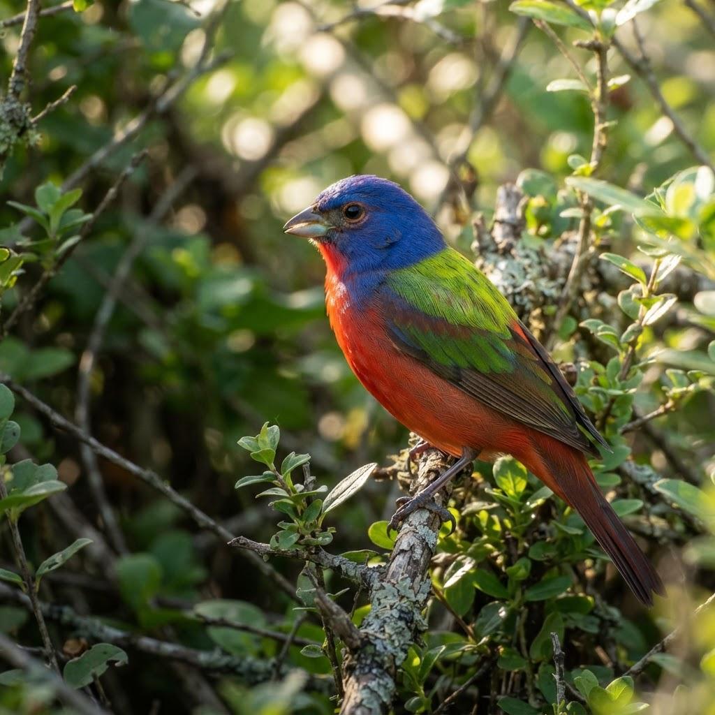 Male Painted Bunting showing blue head, green back, and red underparts