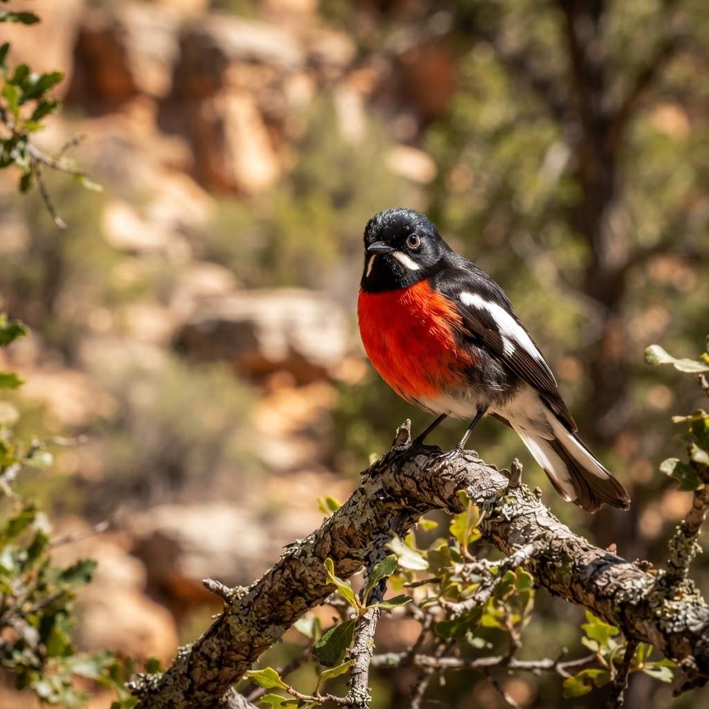 A Painted Redstart with scarlet belly on an oak branch