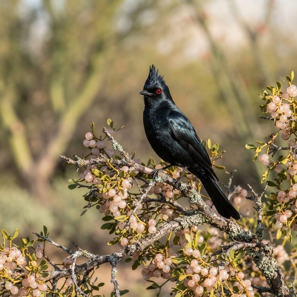 A Phainopepla perched on a desert branch with mistletoe berries