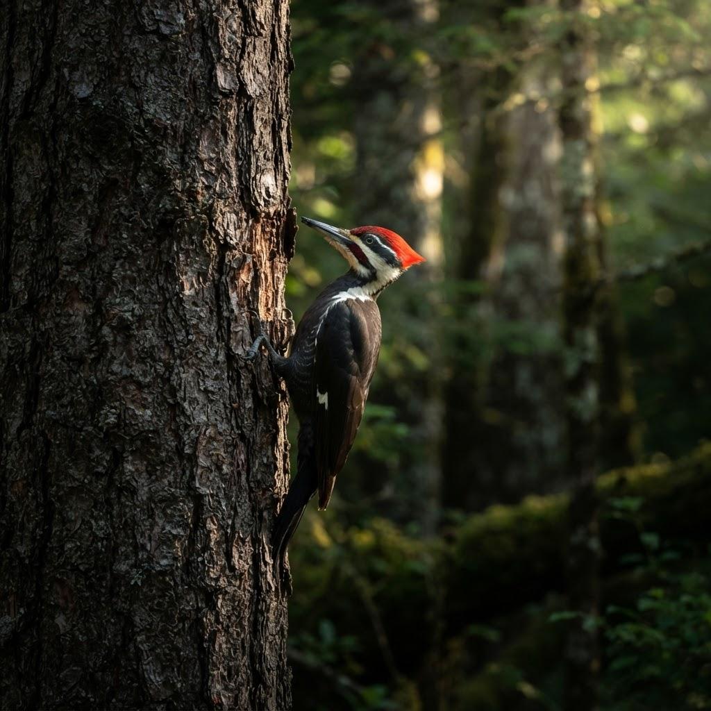 A Pileated Woodpecker with red crest clinging to a pine trunk