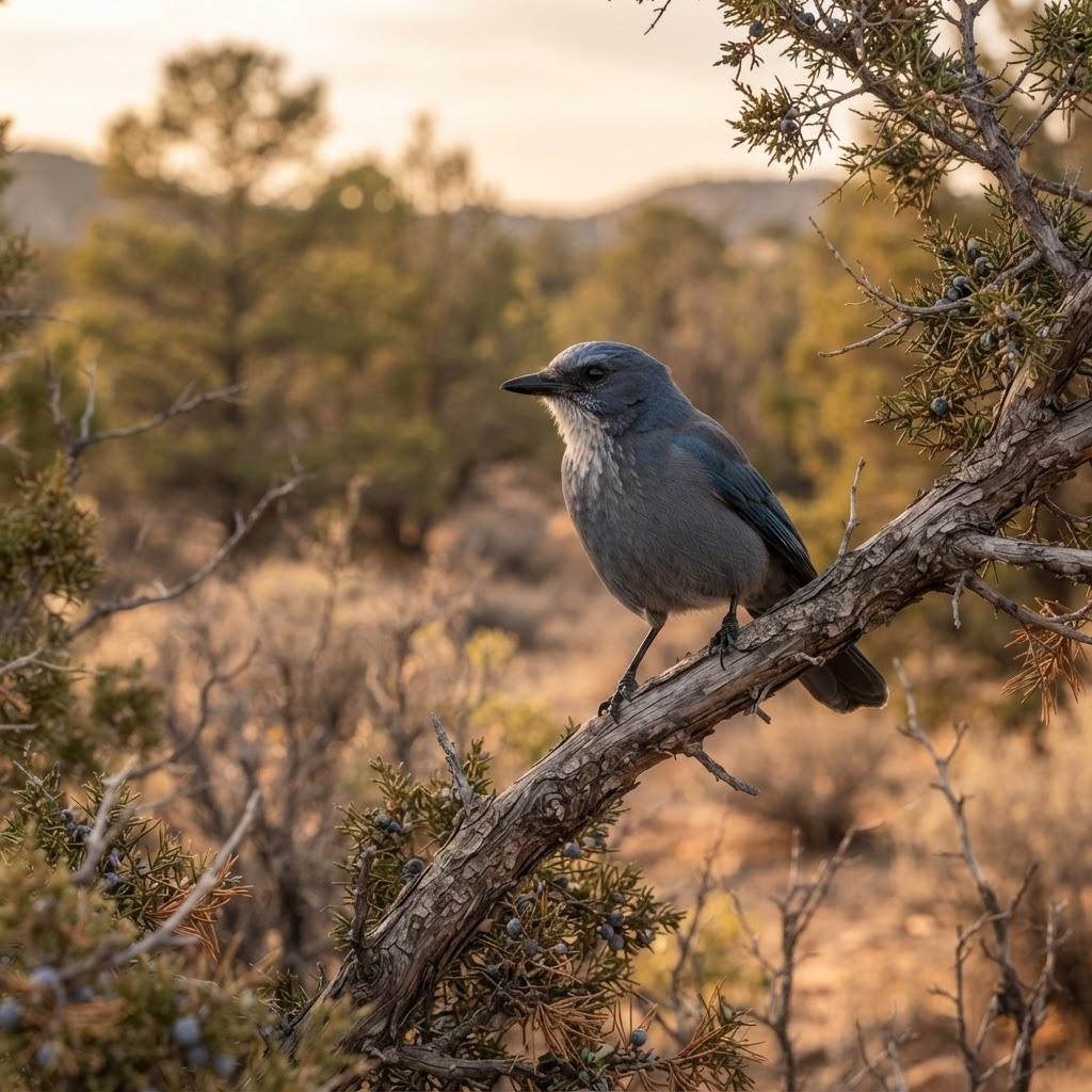 A Pinyon Jay perched on a juniper branch in pinyon-juniper woodland