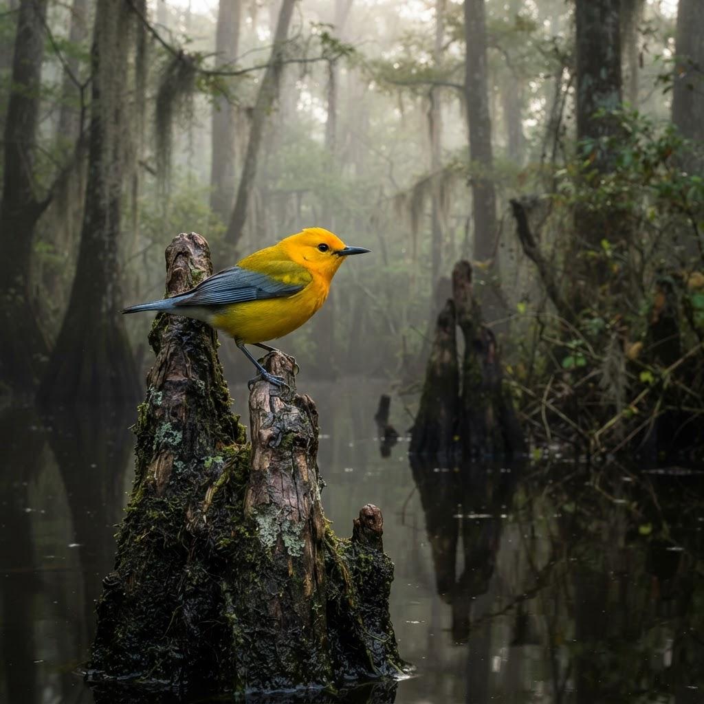 A Prothonotary Warbler perched on a cypress knee in a swamp