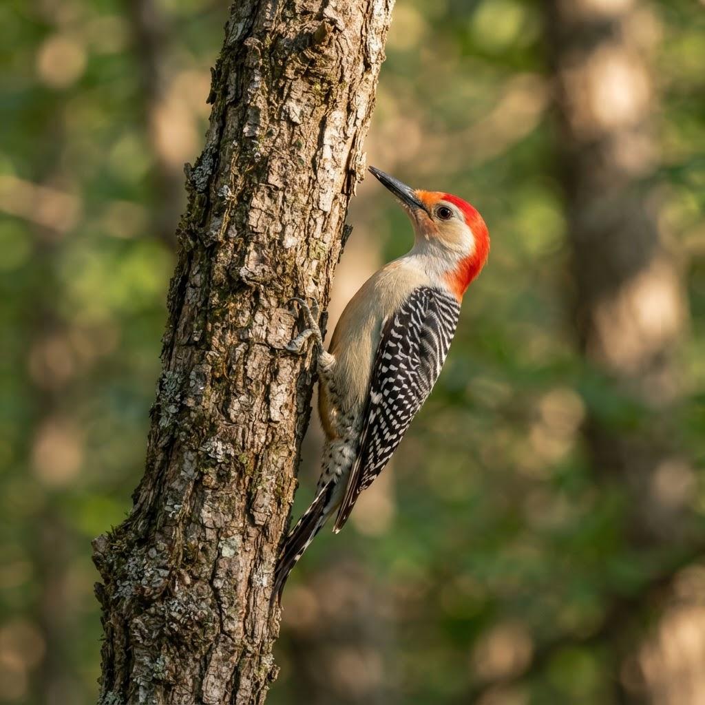 A Red-bellied Woodpecker with zebra-barred back on a tree trunk