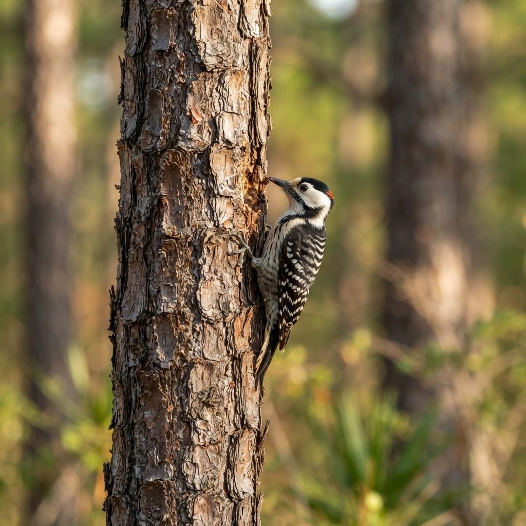 A Red-cockaded Woodpecker clinging to a longleaf pine