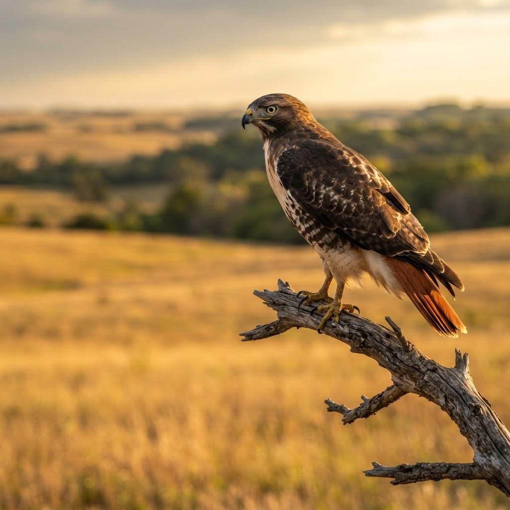 A Red-tailed Hawk perched on a branch overlooking a golden field