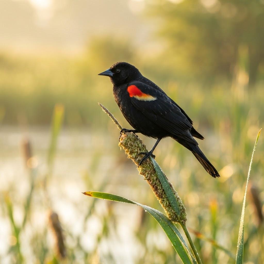A male Red-winged Blackbird perched on a cattail in a marsh