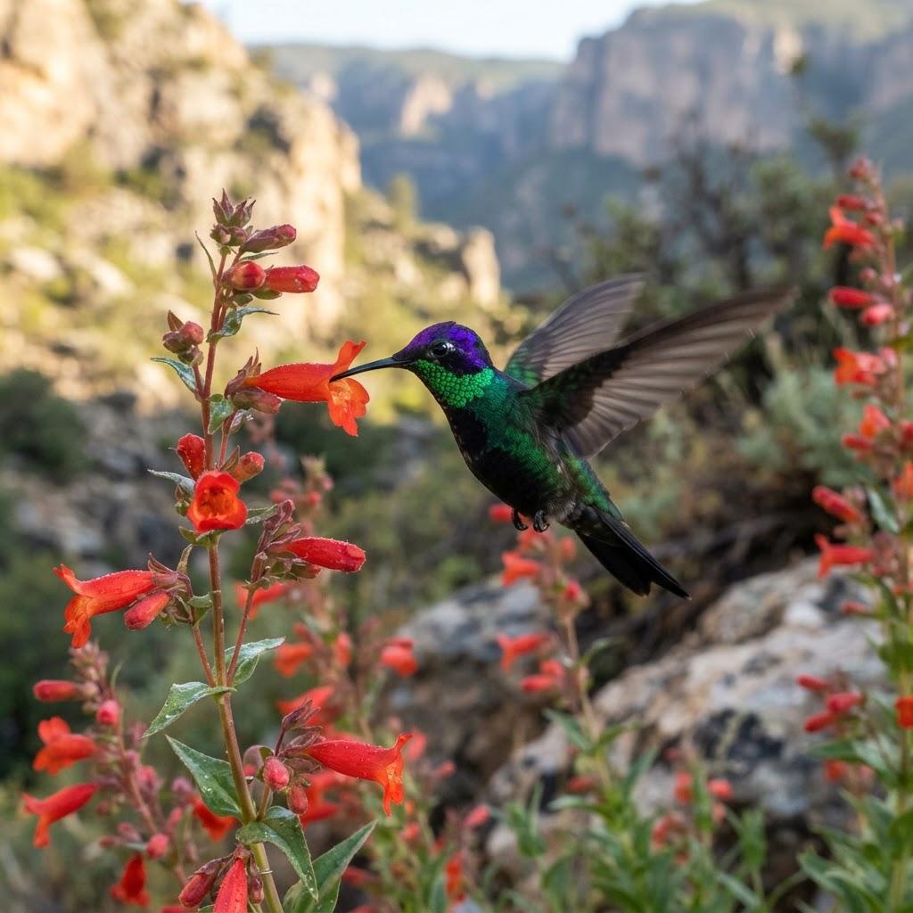 A male Rivoli's Hummingbird hovering near a red penstemon flower in a mountain canyon
