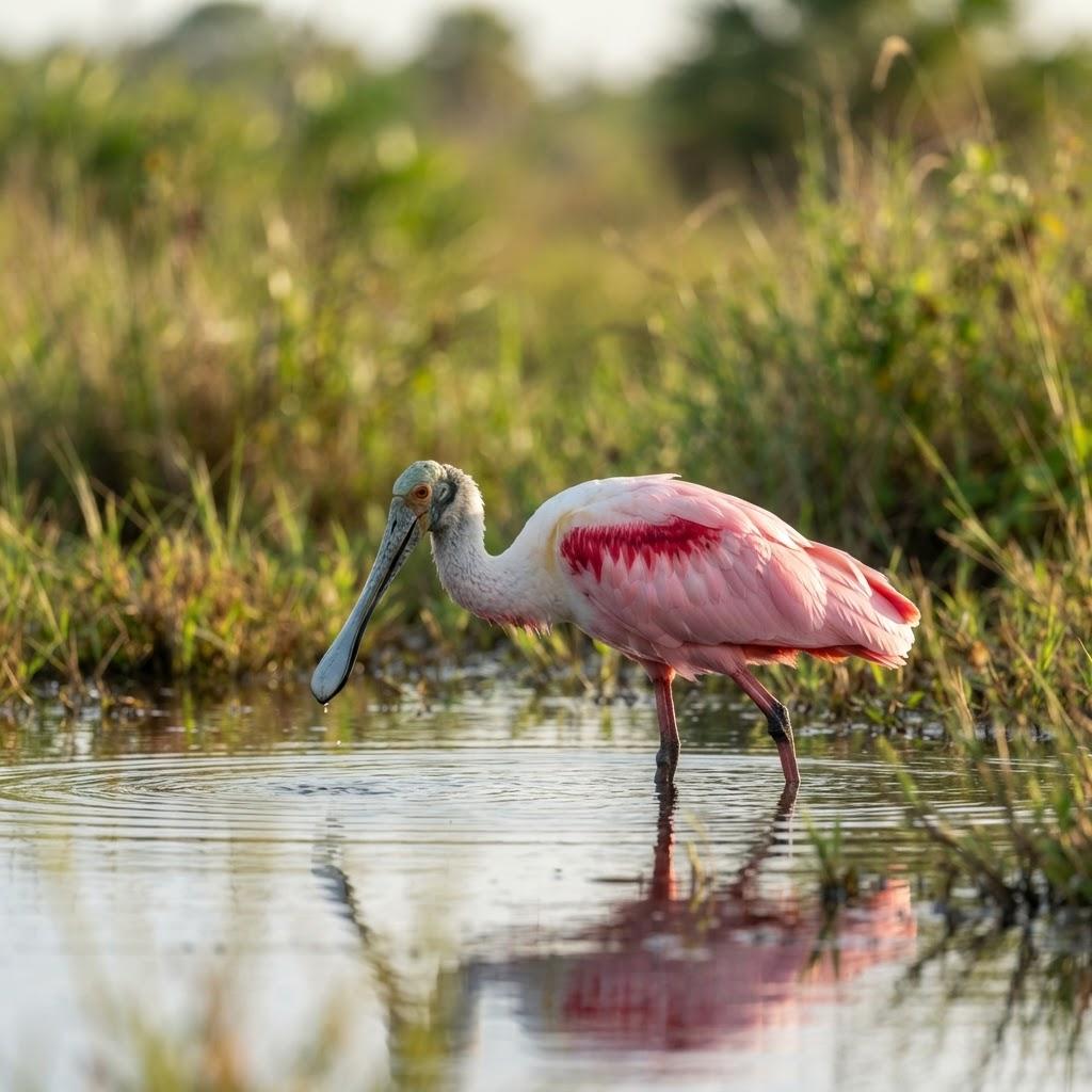 A Roseate Spoonbill standing in shallow wetland water