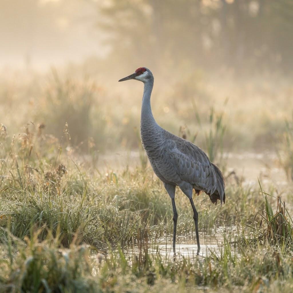 A Sandhill Crane standing in a misty wetland meadow at dawn