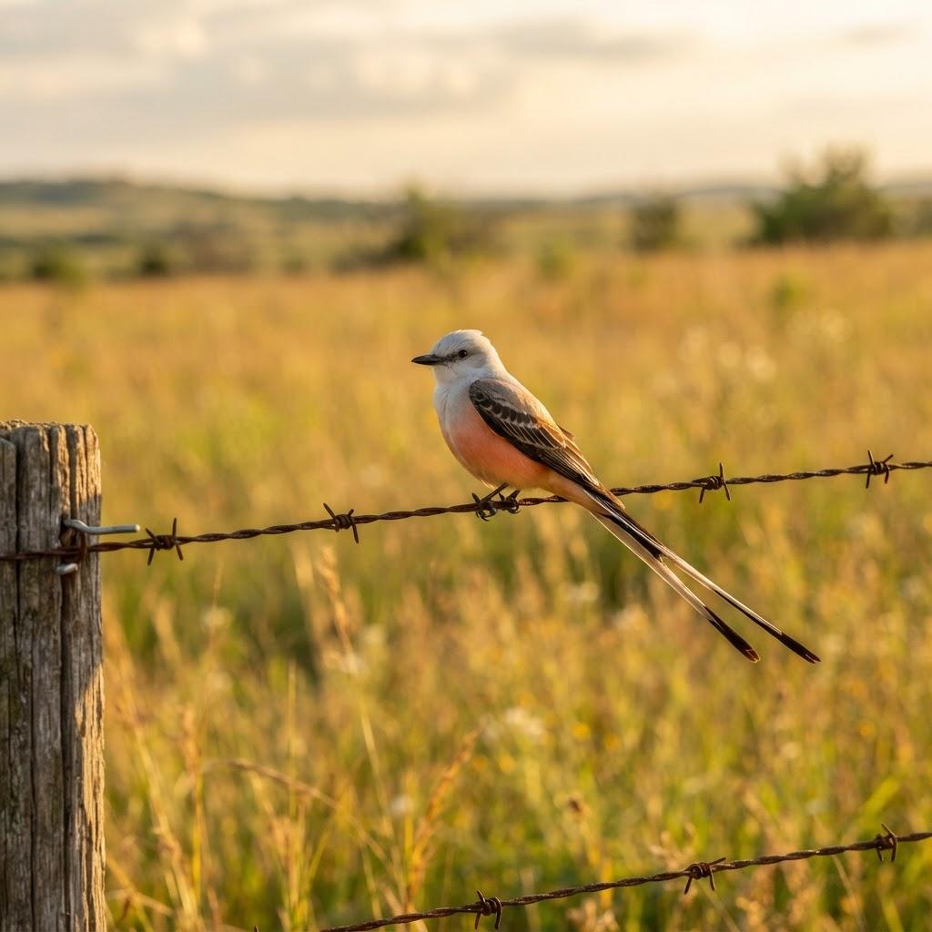 A Scissor-tailed Flycatcher perched on a fence wire in a prairie