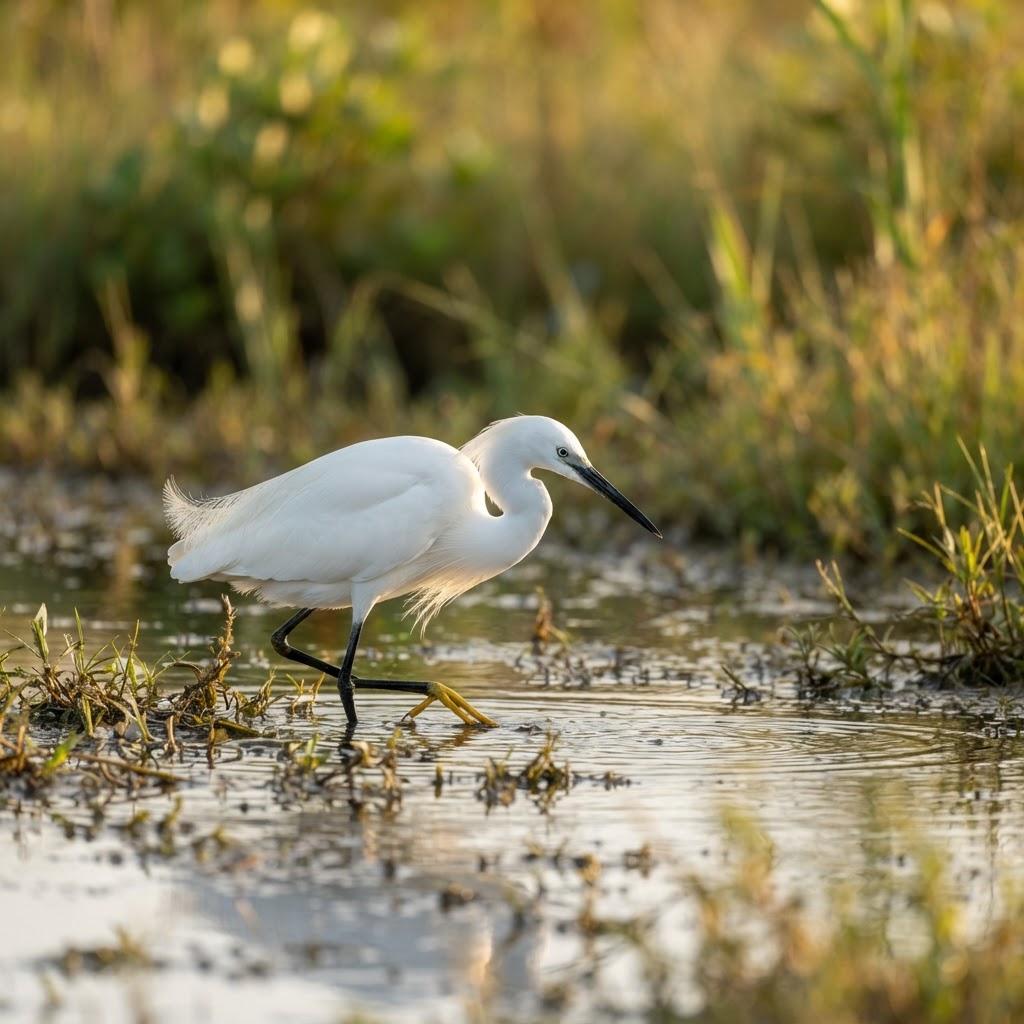 A Snowy Egret standing in shallow marsh water