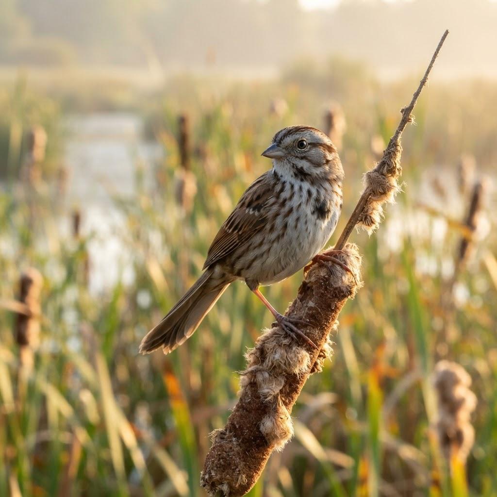A Song Sparrow perched on a cattail stalk in a marsh