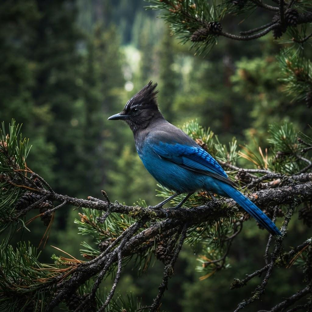 A Steller's Jay with a tall crest on a conifer branch