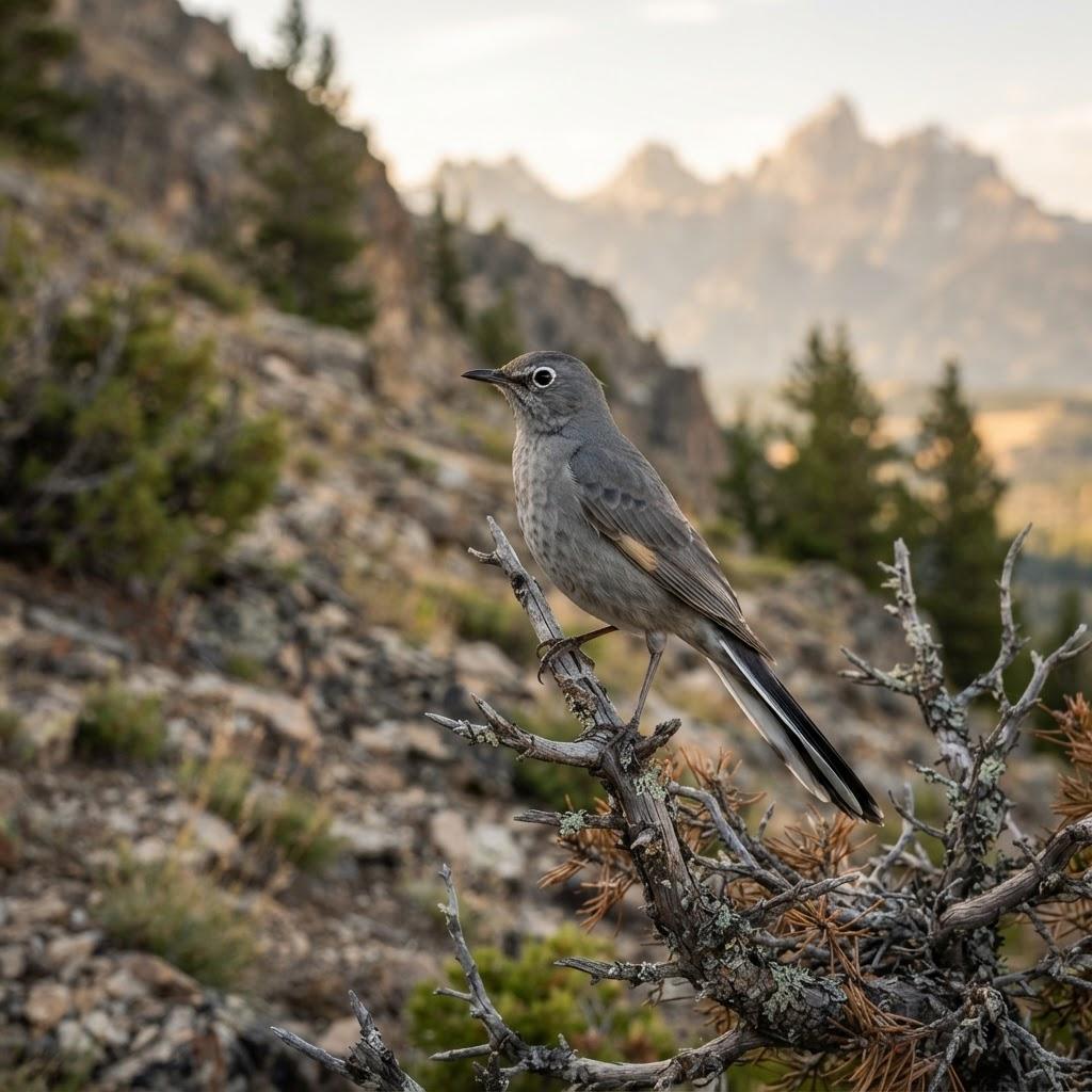 A Townsend's Solitaire perched on a juniper branch