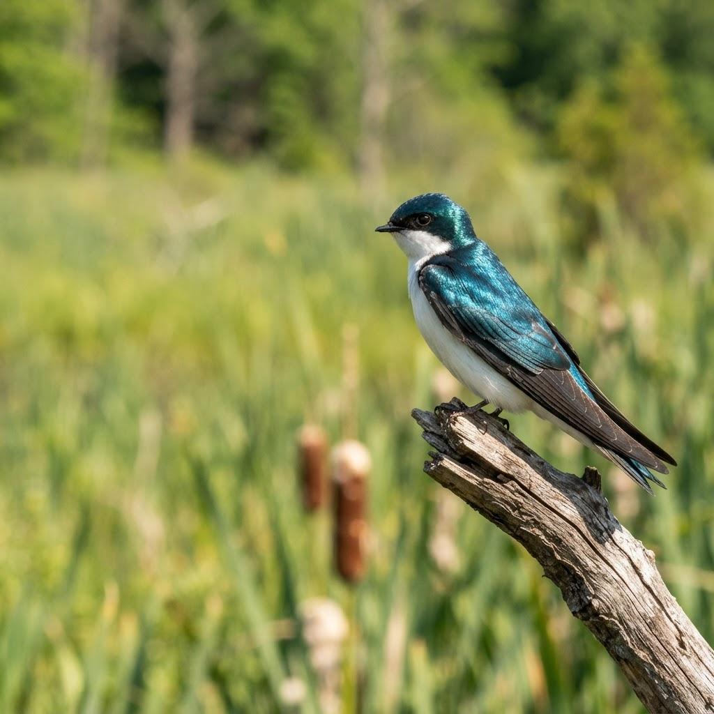 A Tree Swallow with iridescent blue-green upperparts perched near a wetland