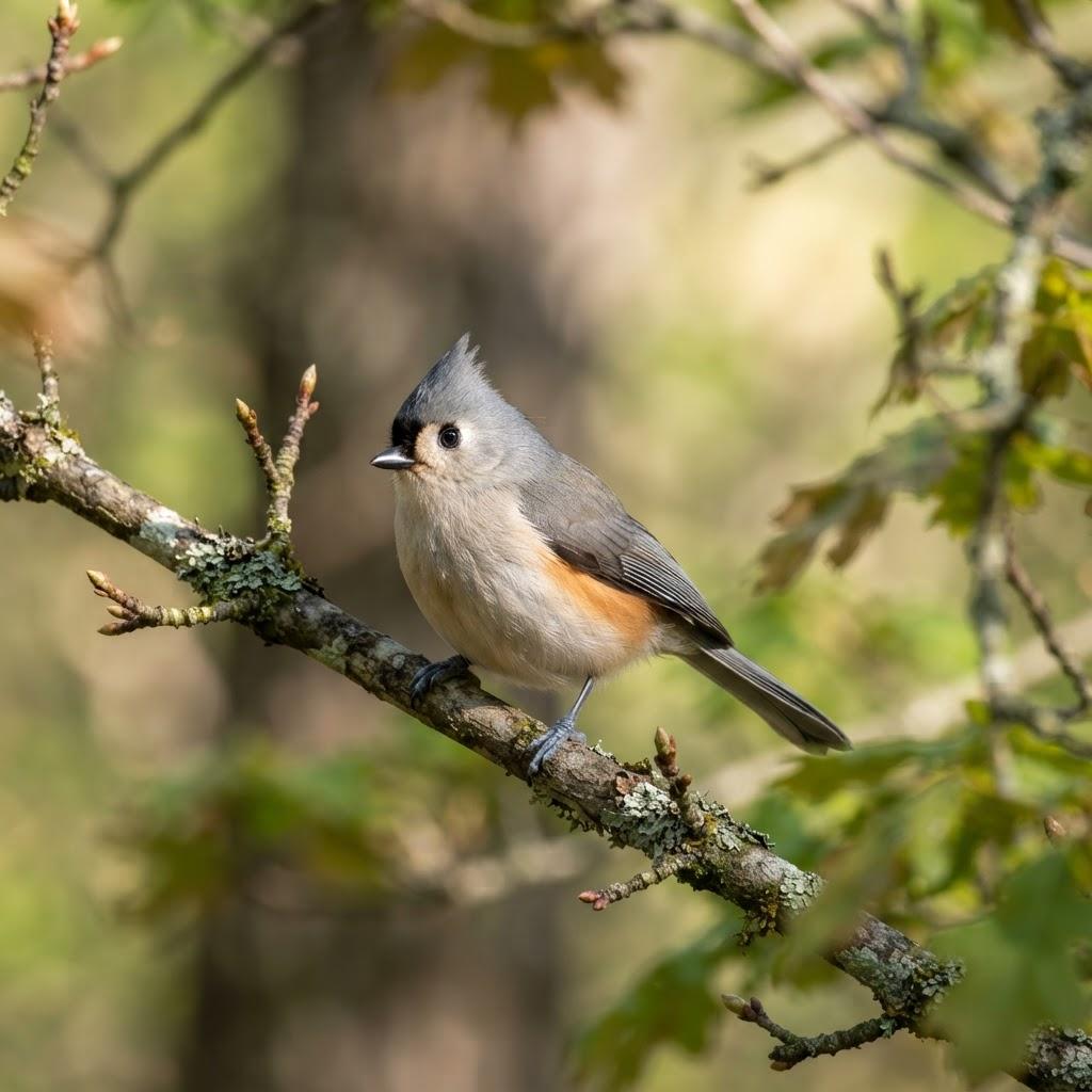 A Tufted Titmouse perched on a branch in a deciduous woodland