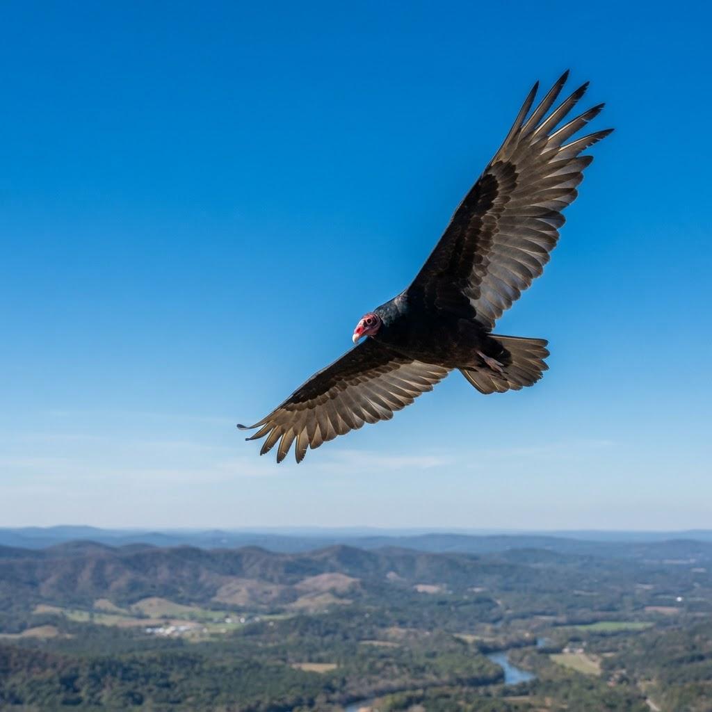 A Turkey Vulture soaring against a blue sky