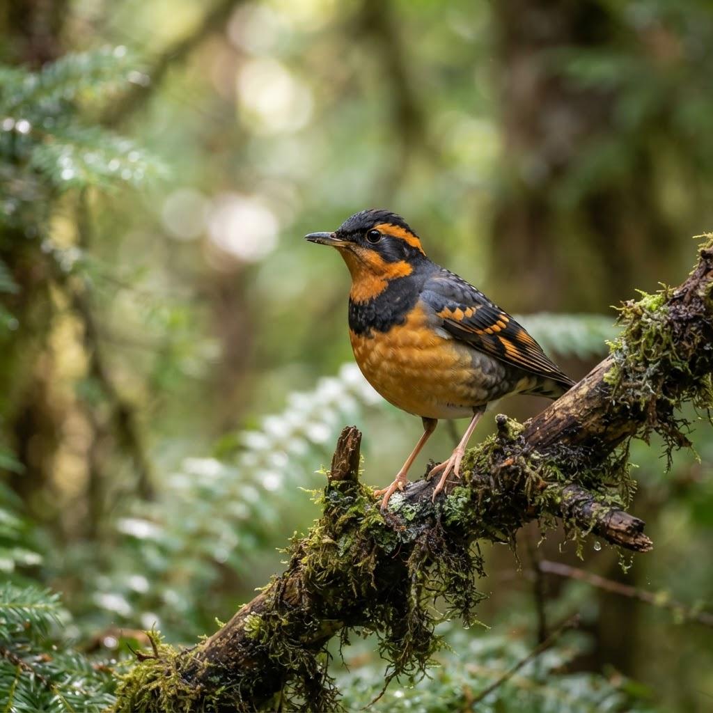 A Varied Thrush perched on a mossy branch in the Pacific Northwest forest