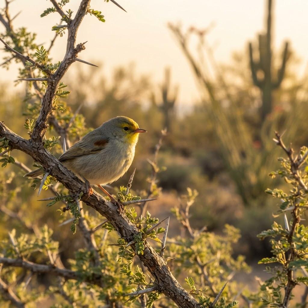 A Verdin perched on a mesquite branch in the desert