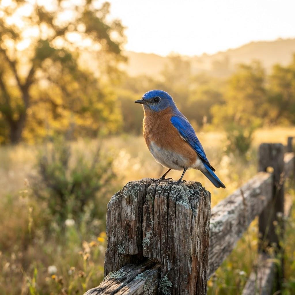 A male Western Bluebird perched on a fencepost in oak woodland