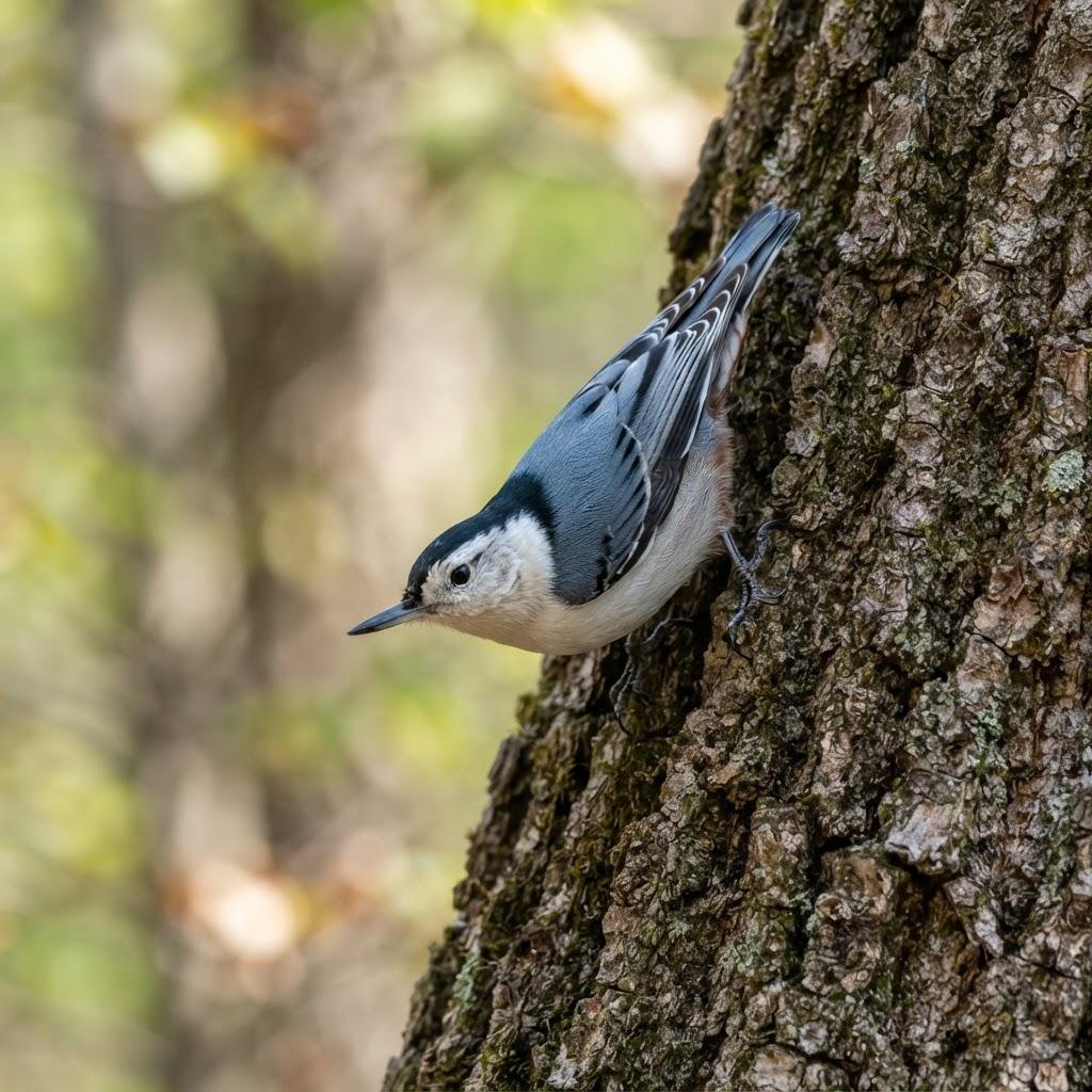 A White-breasted Nuthatch climbing head-first down an oak tree