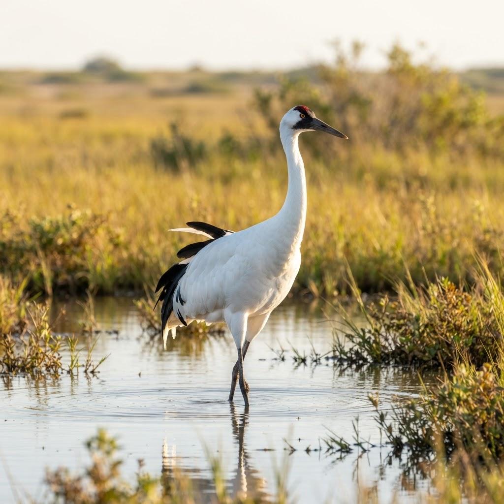 An adult Whooping Crane standing in a shallow coastal marsh in Texas