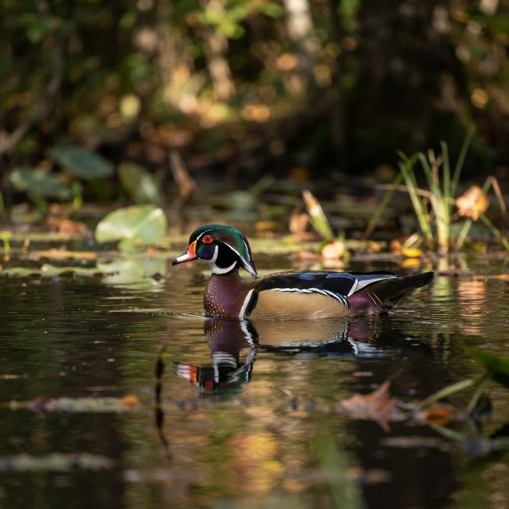 A male Wood Duck swimming in a calm woodland pond