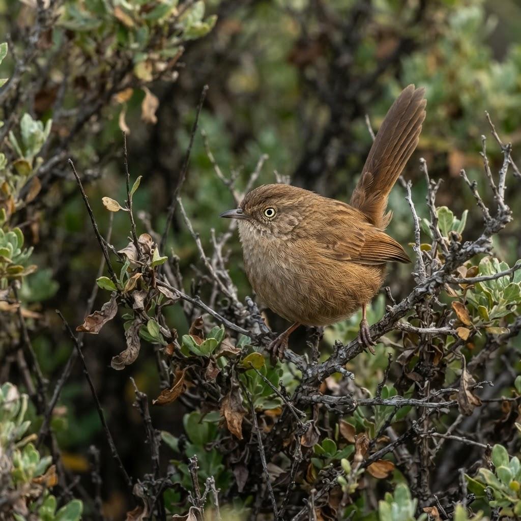 A Wrentit perched in coastal chaparral scrub
