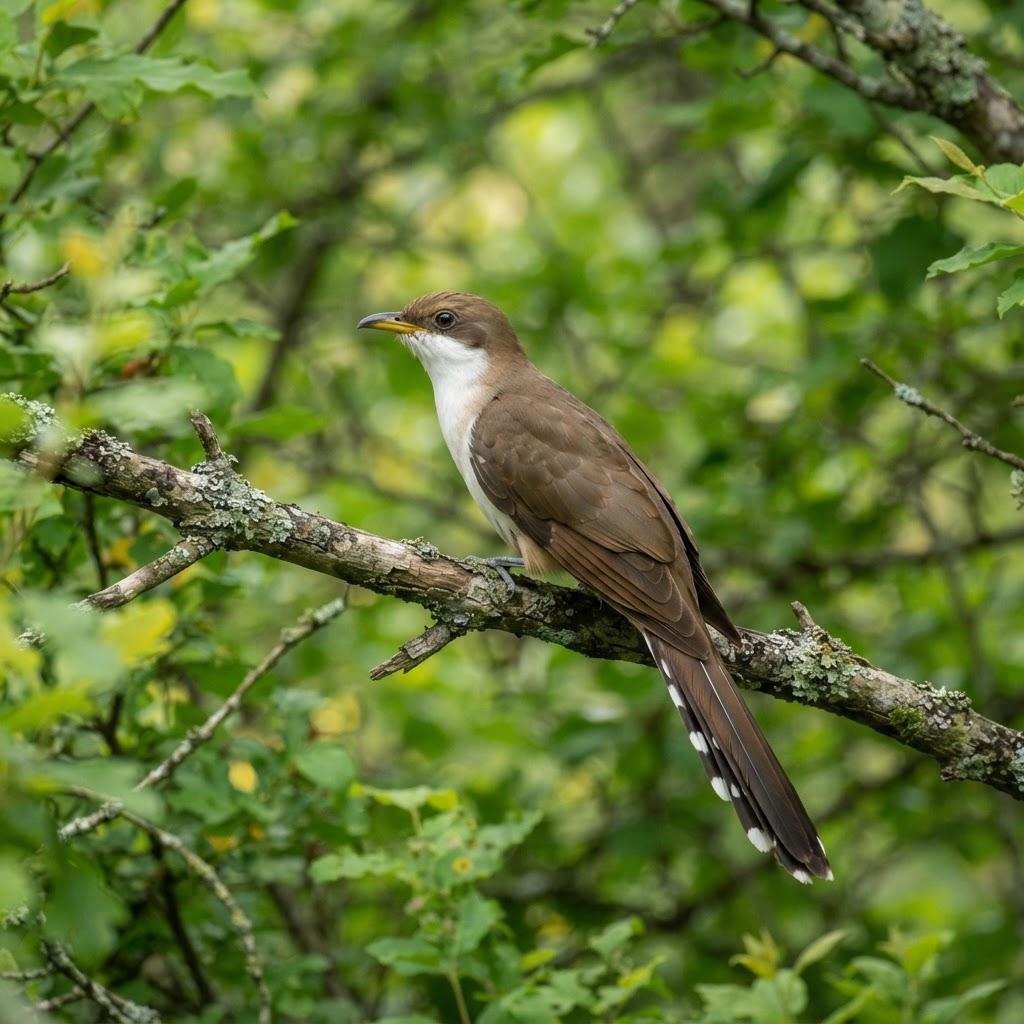 A Yellow-billed Cuckoo perched on a branch in a riparian forest