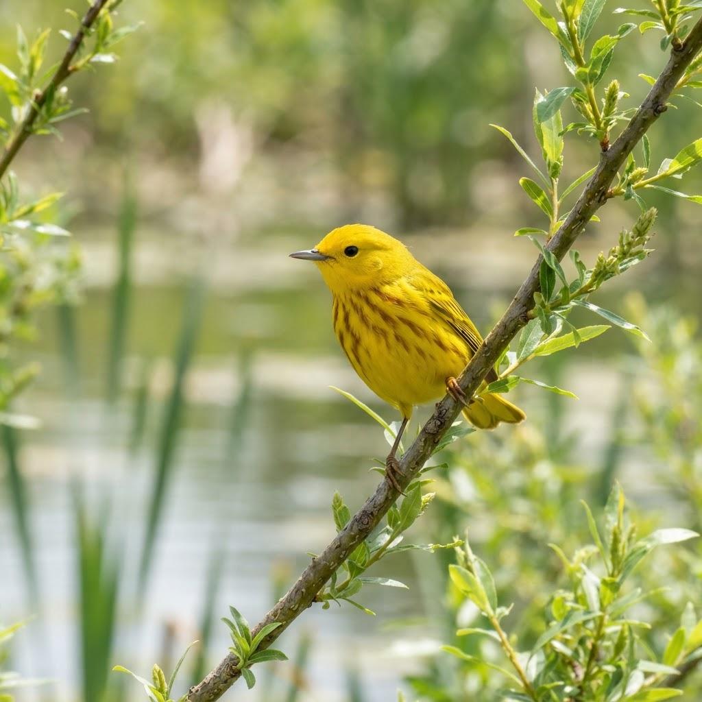 A male Yellow Warbler in golden plumage on a willow branch