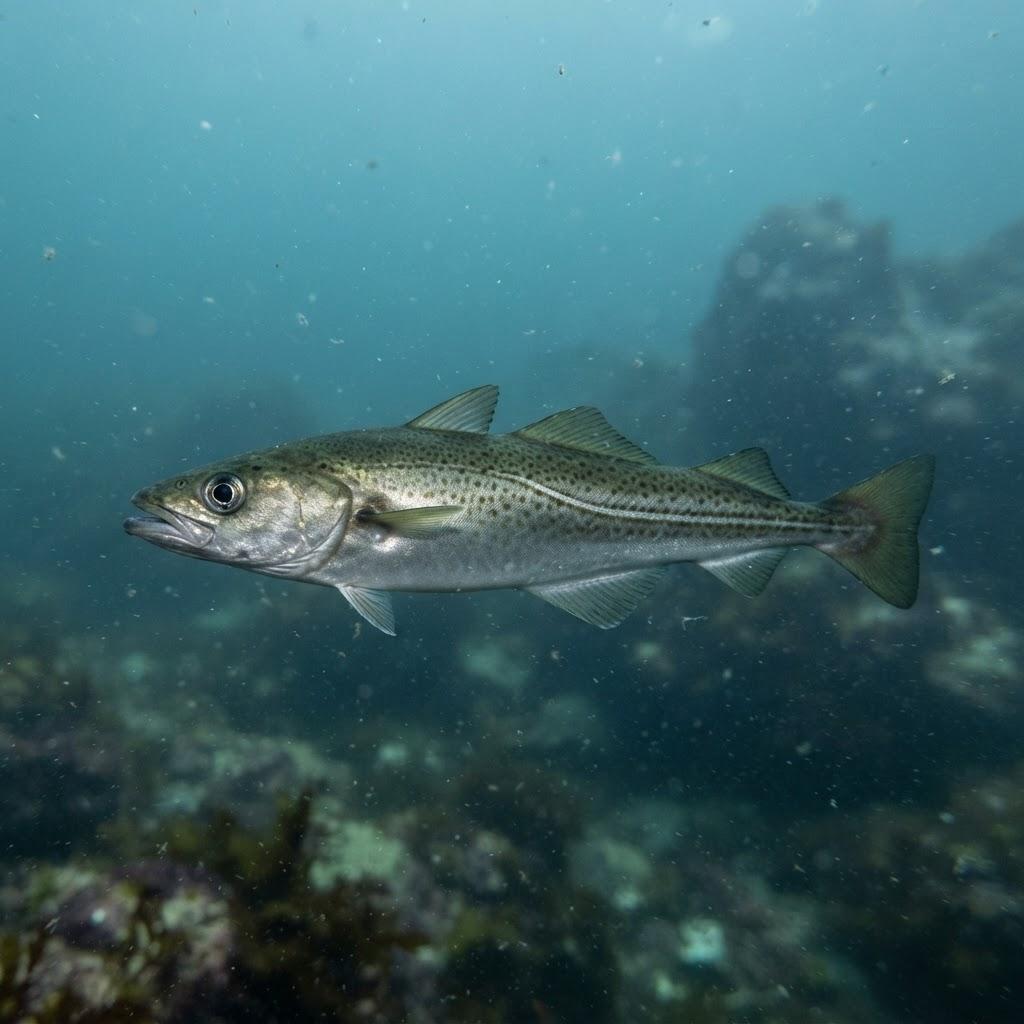 A Alaska Pollock swimming underwater in side profile