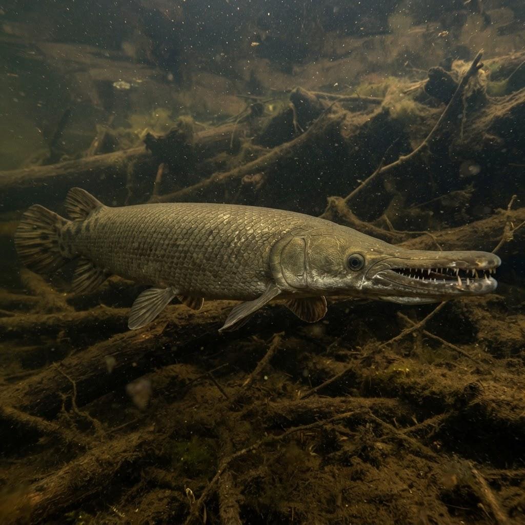 A Alligator Gar swimming underwater in side profile